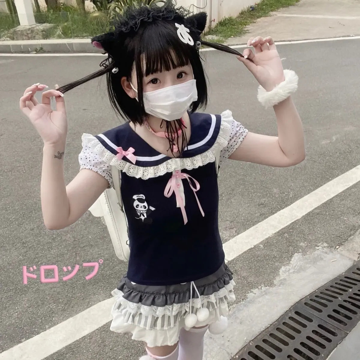 Kawaii Panda Embroidered Sailor Top – Harajuku Y2K Lace Tee