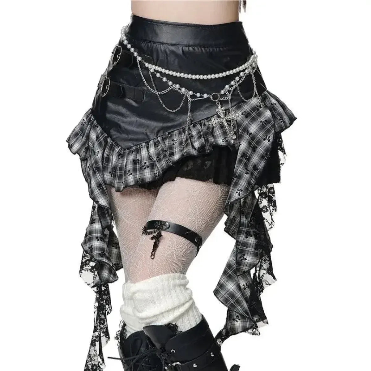 Plaid Gothic PU Leather Skirt – Harajuku Y2K Lace Aesthetic