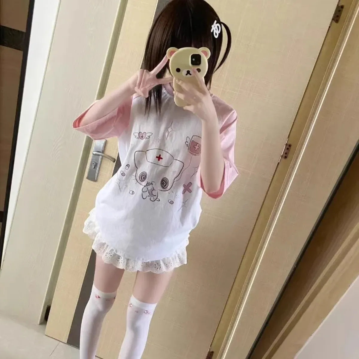 Kawaii Nurse Bear Oversized Tee – Harajuku Y2K Pastel Shirt