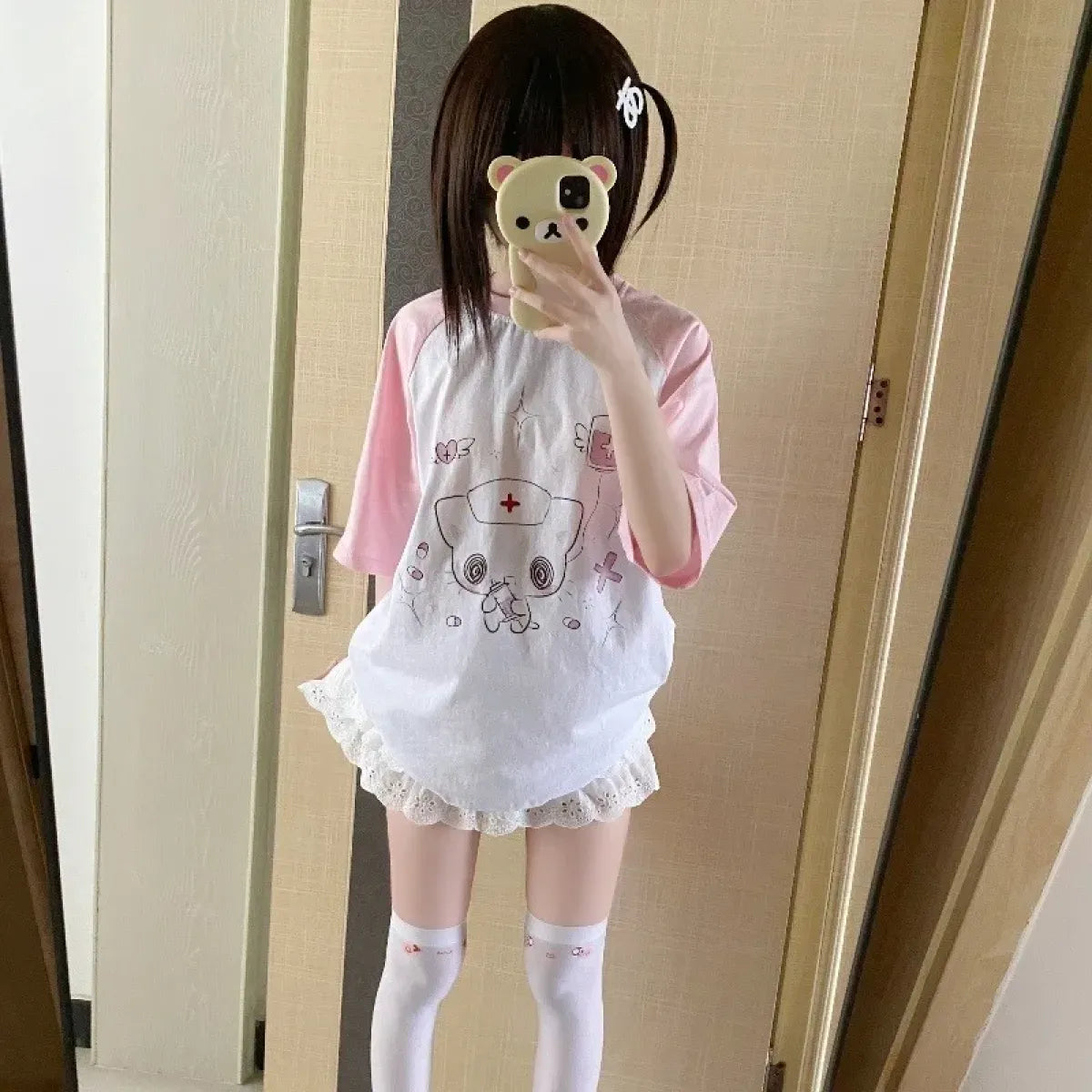 Kawaii Nurse Bear Oversized Tee – Harajuku Y2K Pastel Shirt