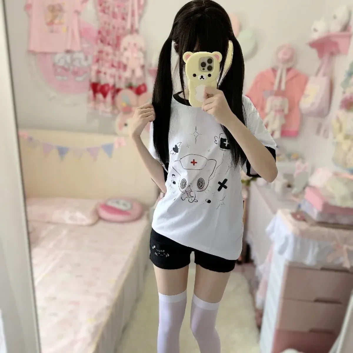 Kawaii Nurse Bear Oversized Tee – Harajuku Y2K Pastel Shirt