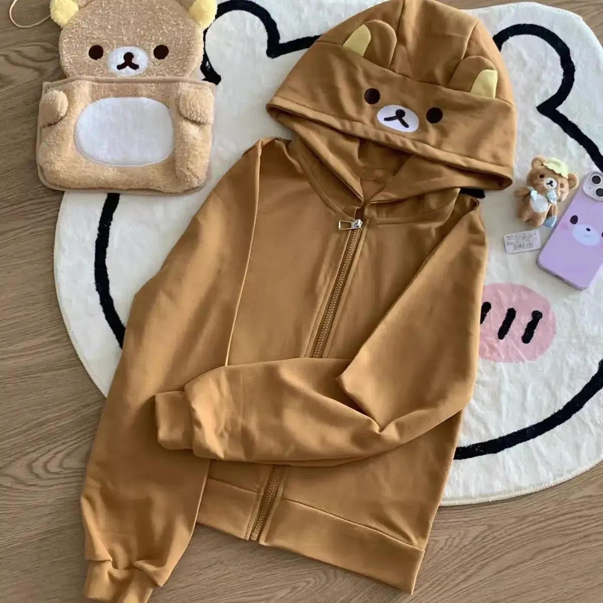 Kawaii Bear Hoodie - Harajuku Y2K Zipper Sweatshirt for Women