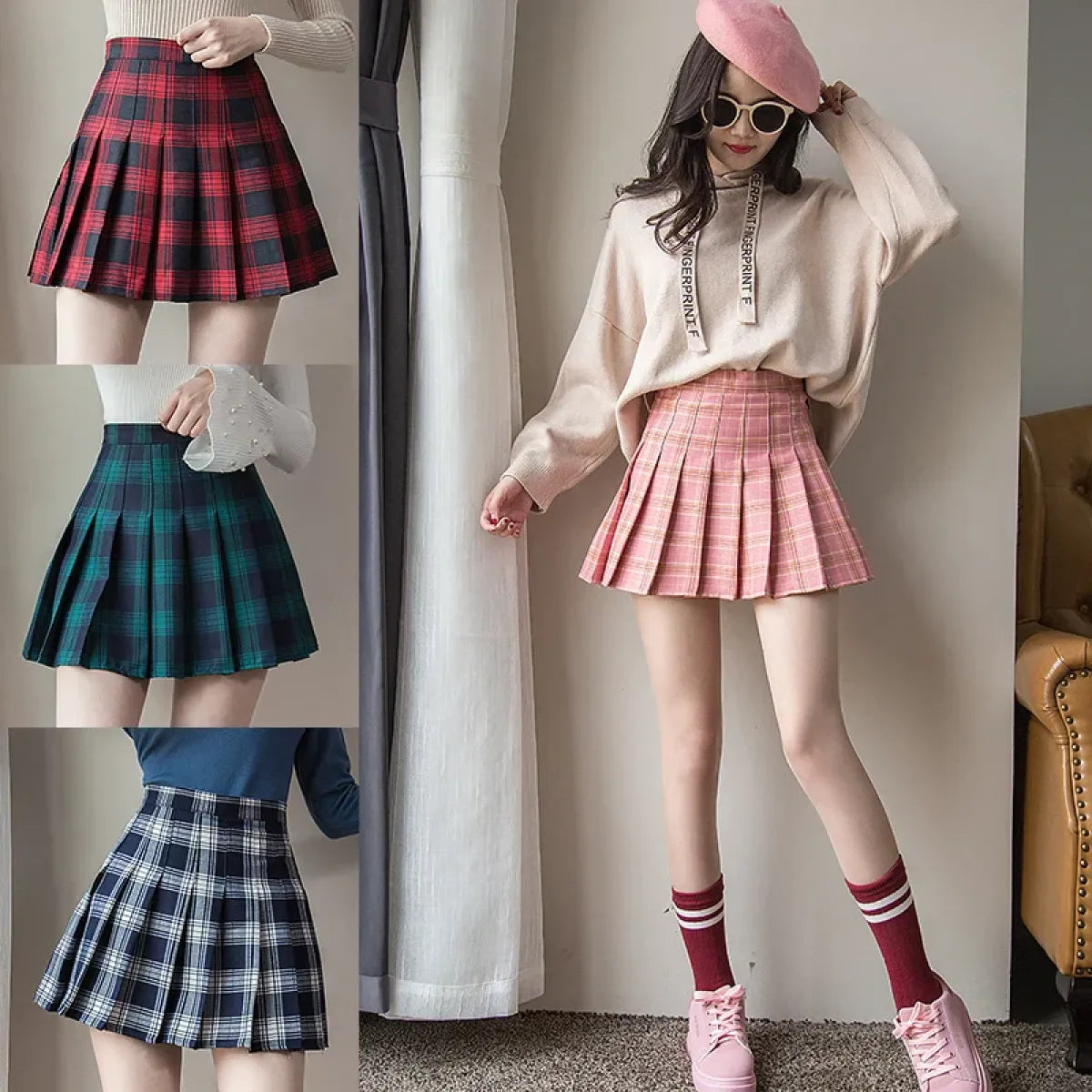 Plaid Preppy Skirt – Harajuku Pleated Mini High Waist Skirt