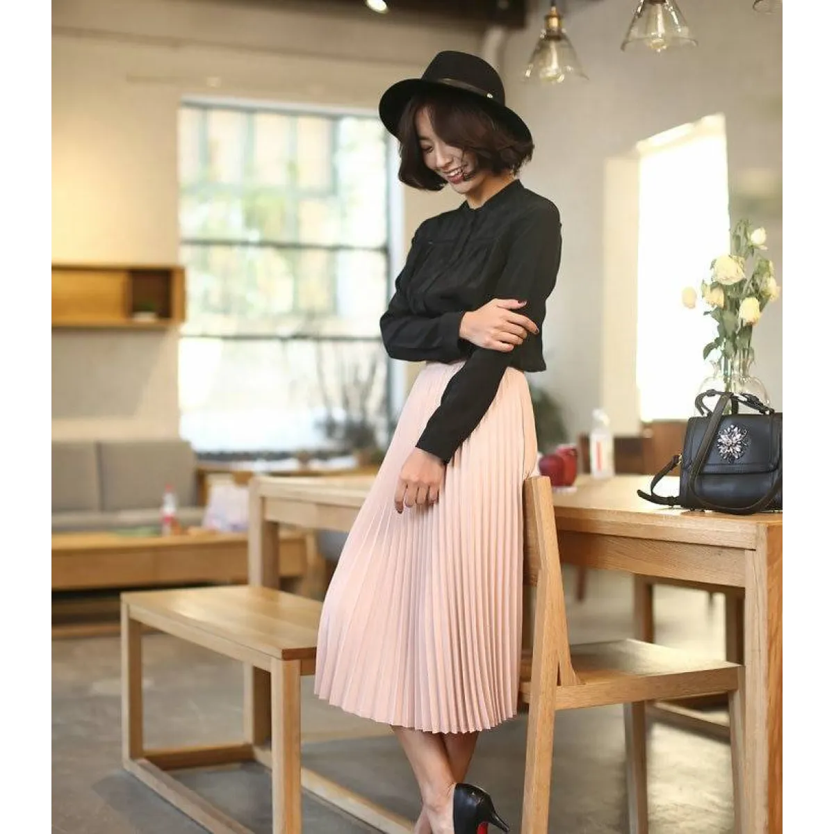 High Waist Pleated Length Elastic Skirt