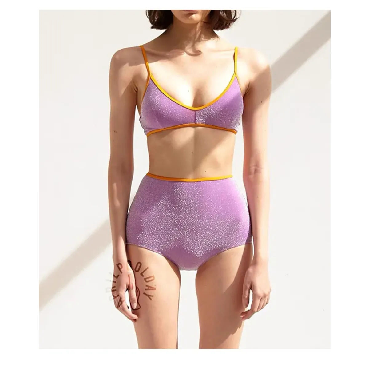 Glitter Bikini Set – High Waist Shiny Contrast Trim Beachwear