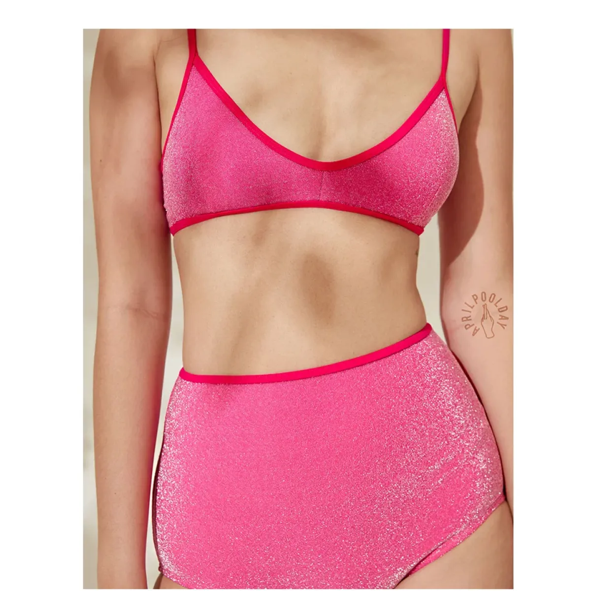 Glitter Bikini Set – High Waist Shiny Contrast Trim Beachwear