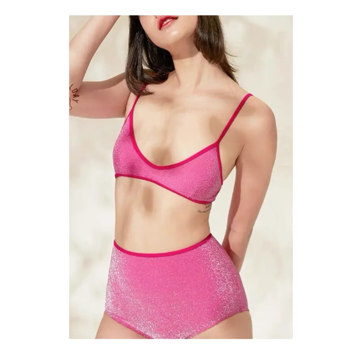 Glitter Bikini Set – High Waist Shiny Contrast Trim Beachwear