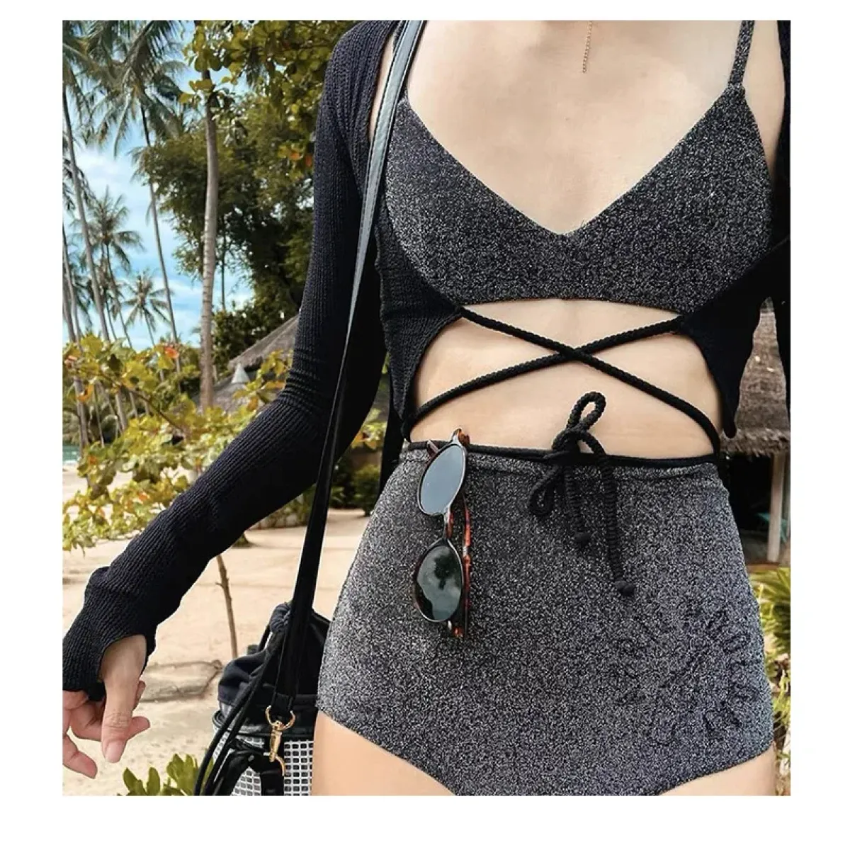 Glitter Bikini Set – High Waist Shiny Contrast Trim Beachwear