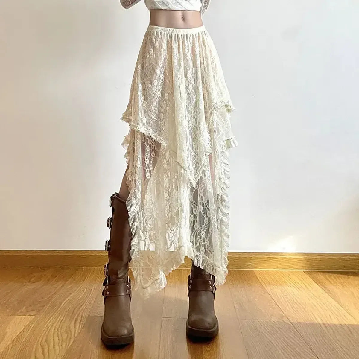 Ivory Lace Asymmetrical Skirt – Fairycore Vintage Boho High Waist