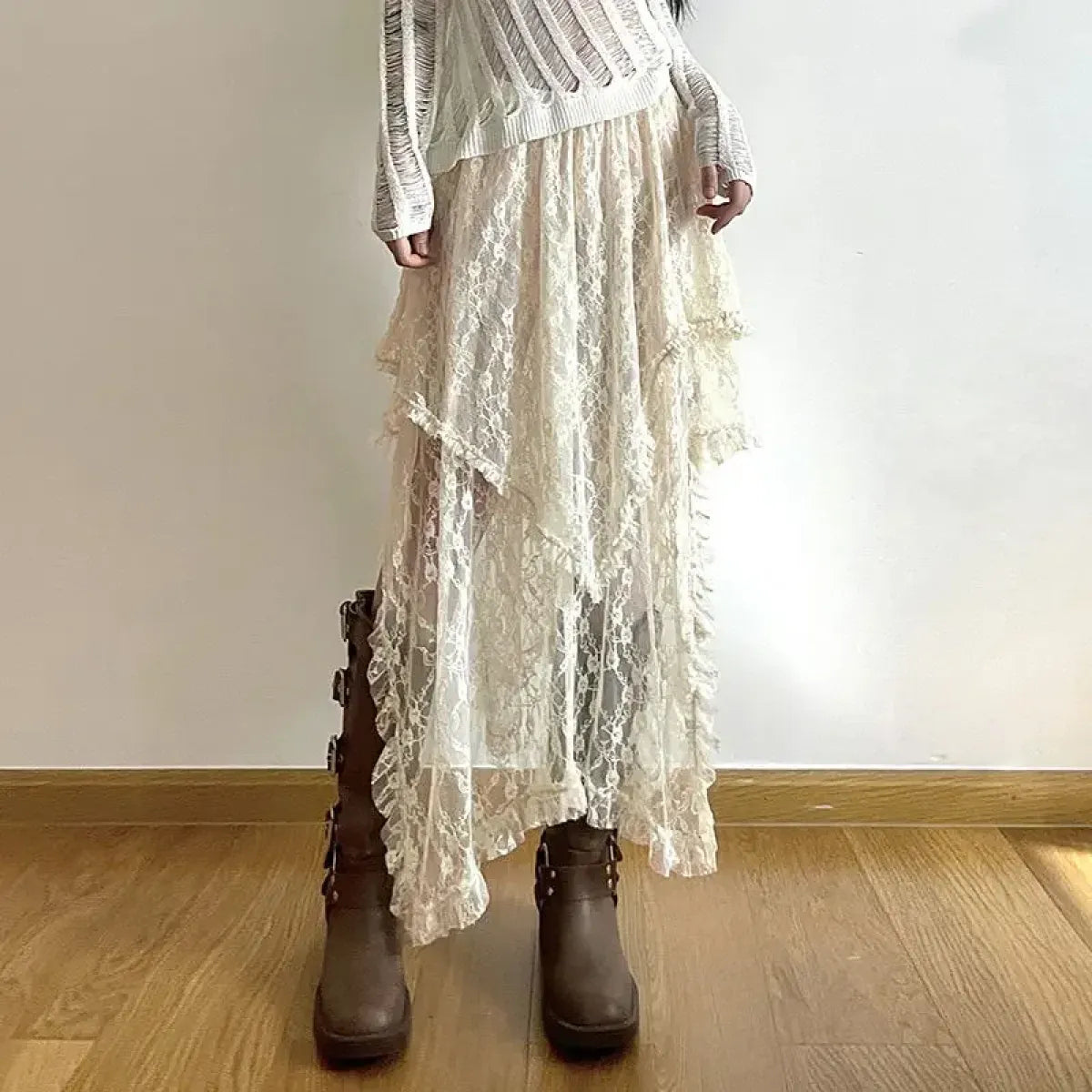 Ivory Lace Asymmetrical Skirt – Fairycore Vintage Boho High Waist