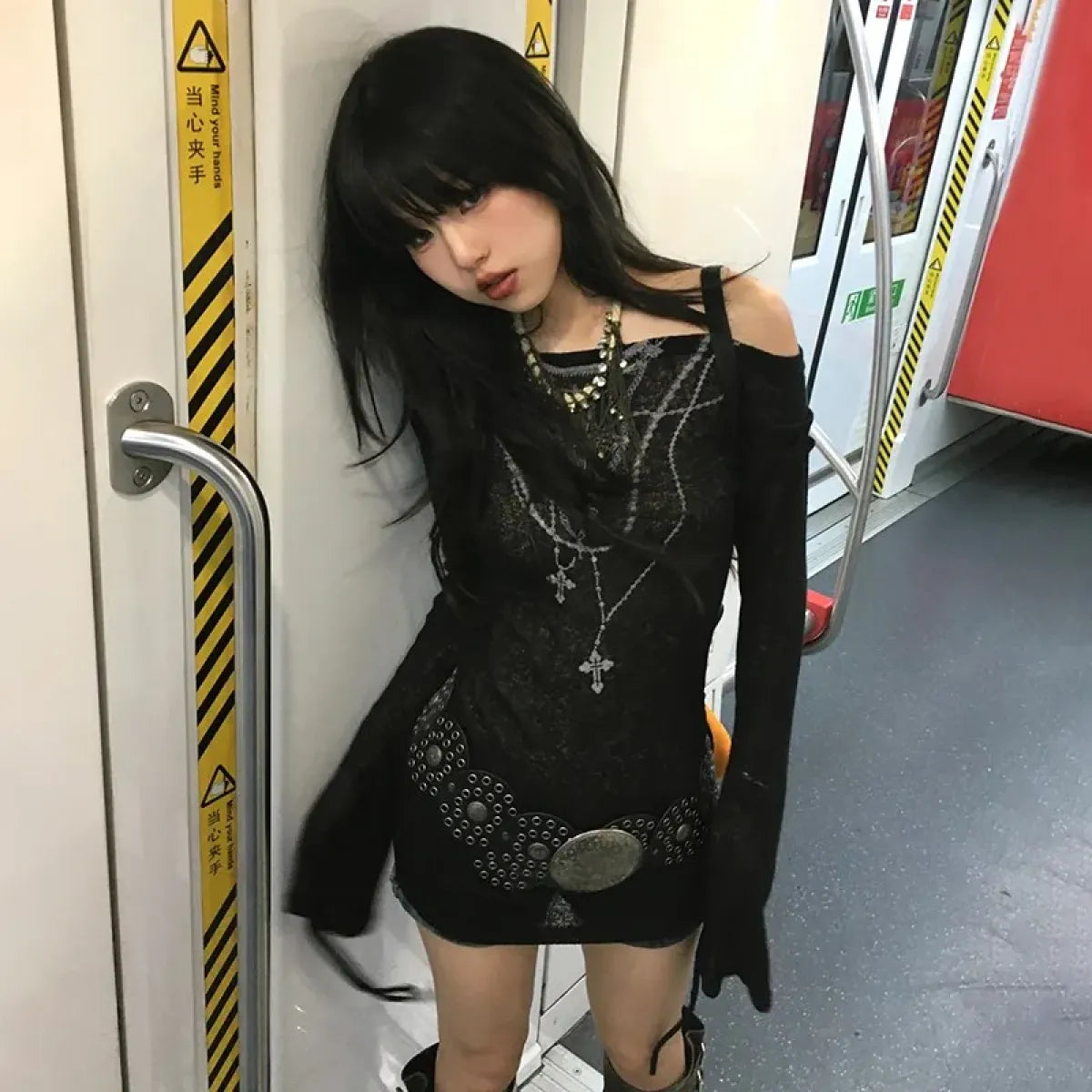 Japanese Knitted Grunge Tattoo Print Long Sleeve T-shirt