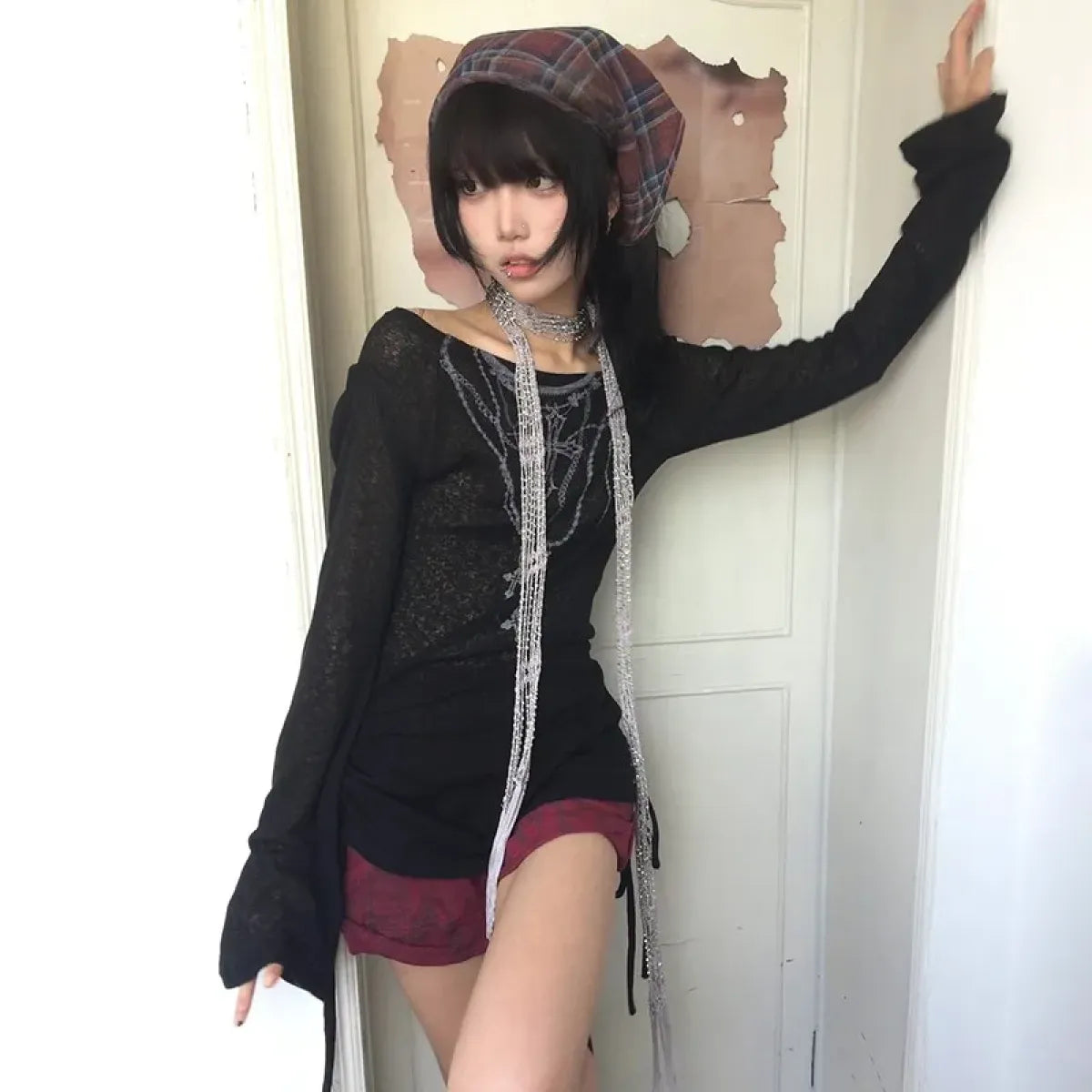 Japanese Knitted Grunge Tattoo Print Long Sleeve T-shirt