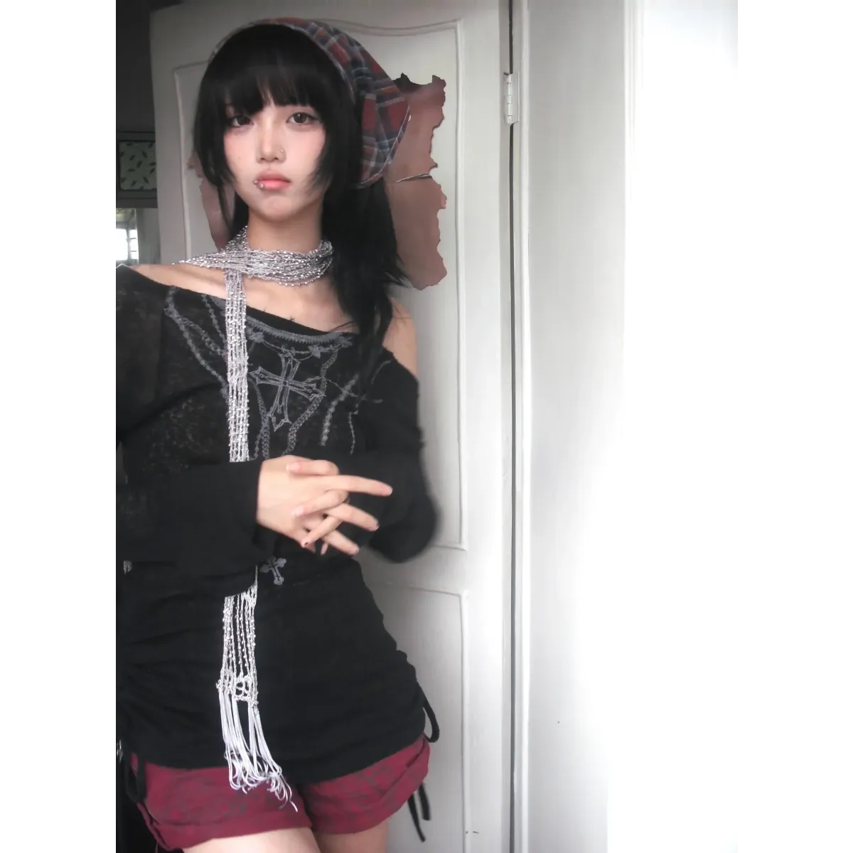 Japanese Knitted Grunge Tattoo Print Long Sleeve T-shirt