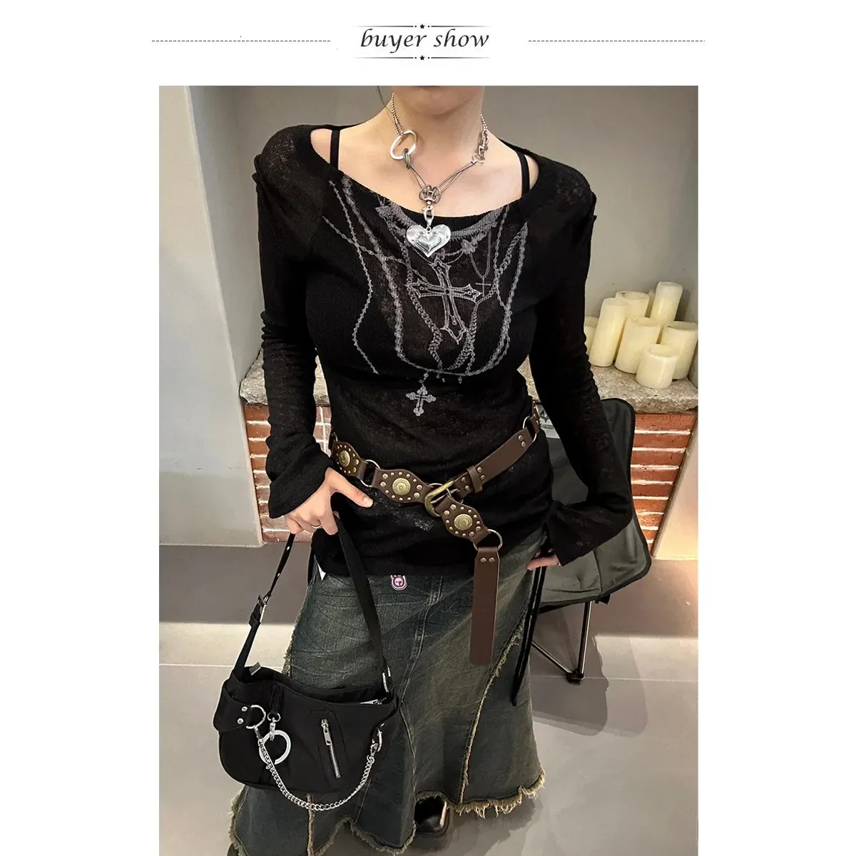 Japanese Knitted Grunge Tattoo Print Long Sleeve T-shirt