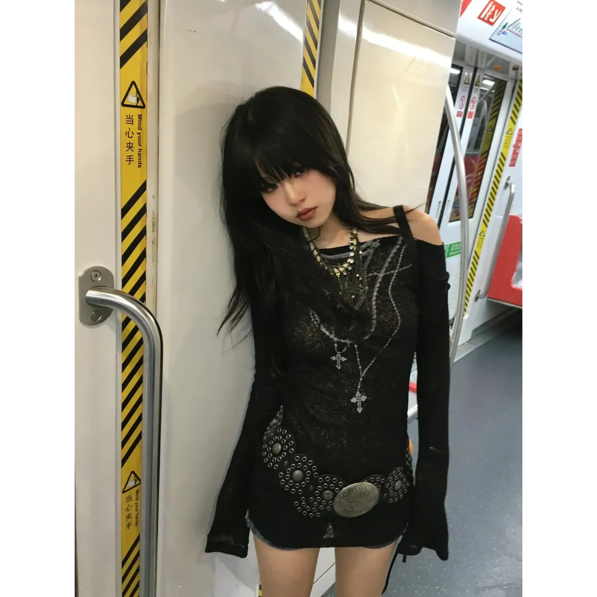 Japanese Knitted Grunge Tattoo Print Long Sleeve T-shirt