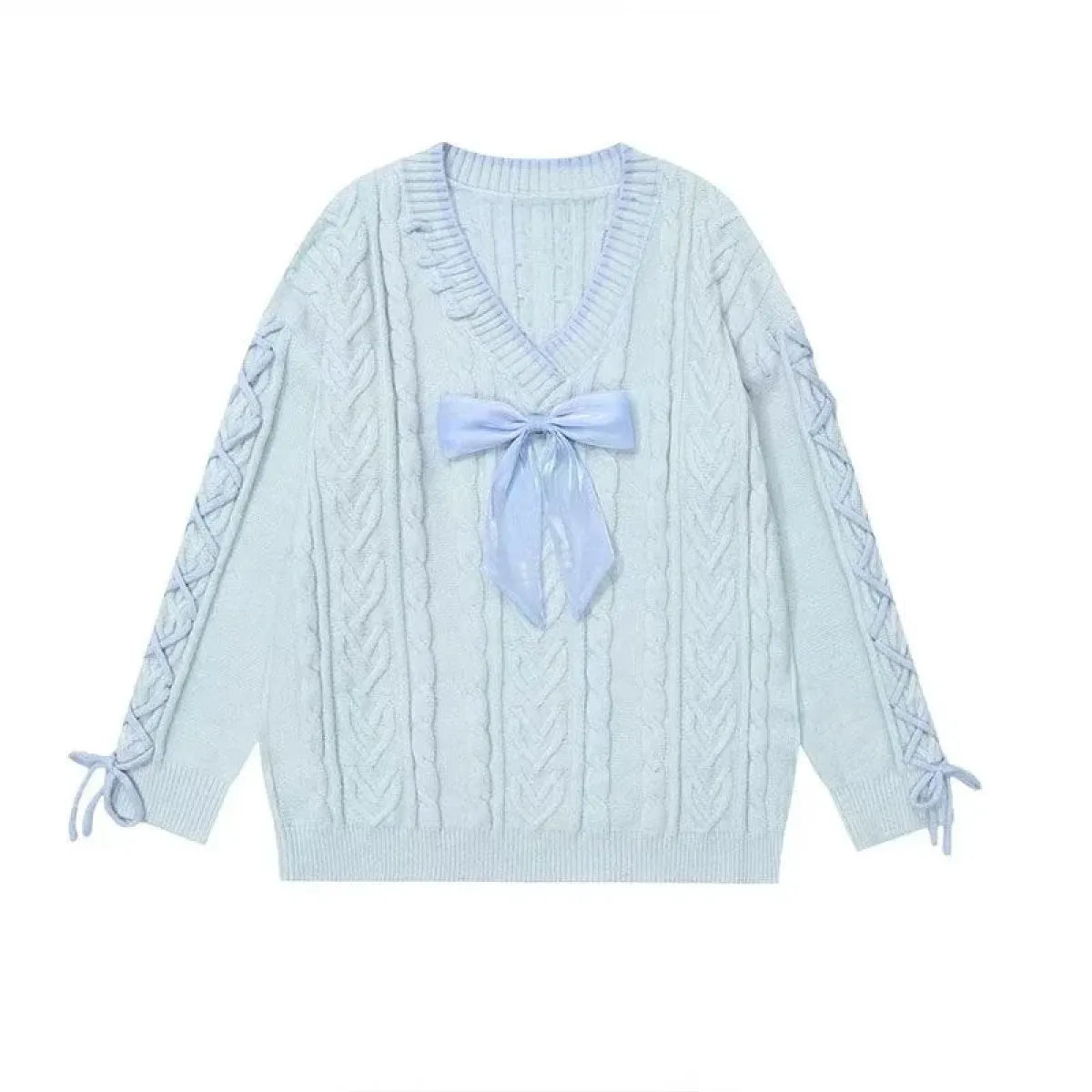 Kawaii Bow Knit Sweater – V-Neck Oversized Winter Jumper
