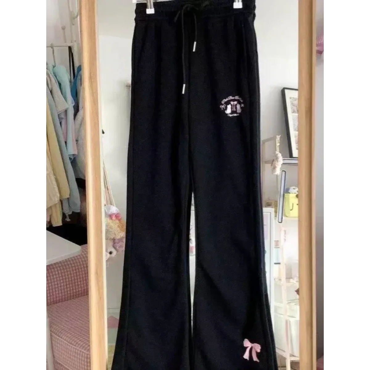 Kawaii High Waist Flare Pants – Bow Embroidery Slim Fit Trousers