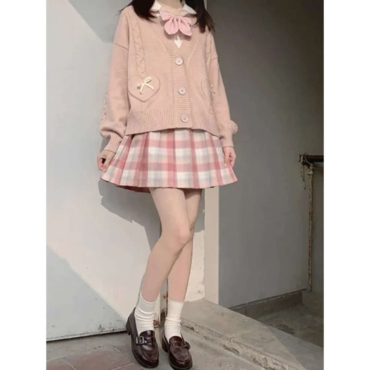 Kawaii Knitted Cardigan – Women's Heart Pocket Bow Sweater