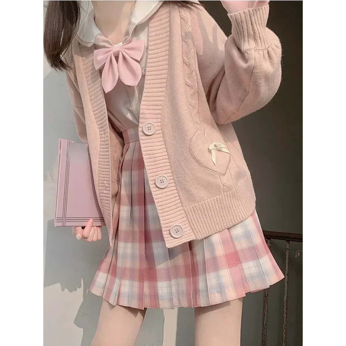 Kawaii Knitted Cardigan – Women's Heart Pocket Bow Sweater