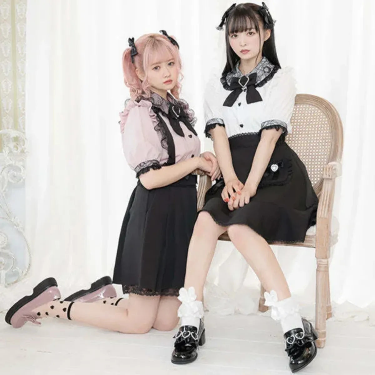 Kawaii Lolita Lace Blouse – Y2K Grunge Bow Shirt with Heart Buttons