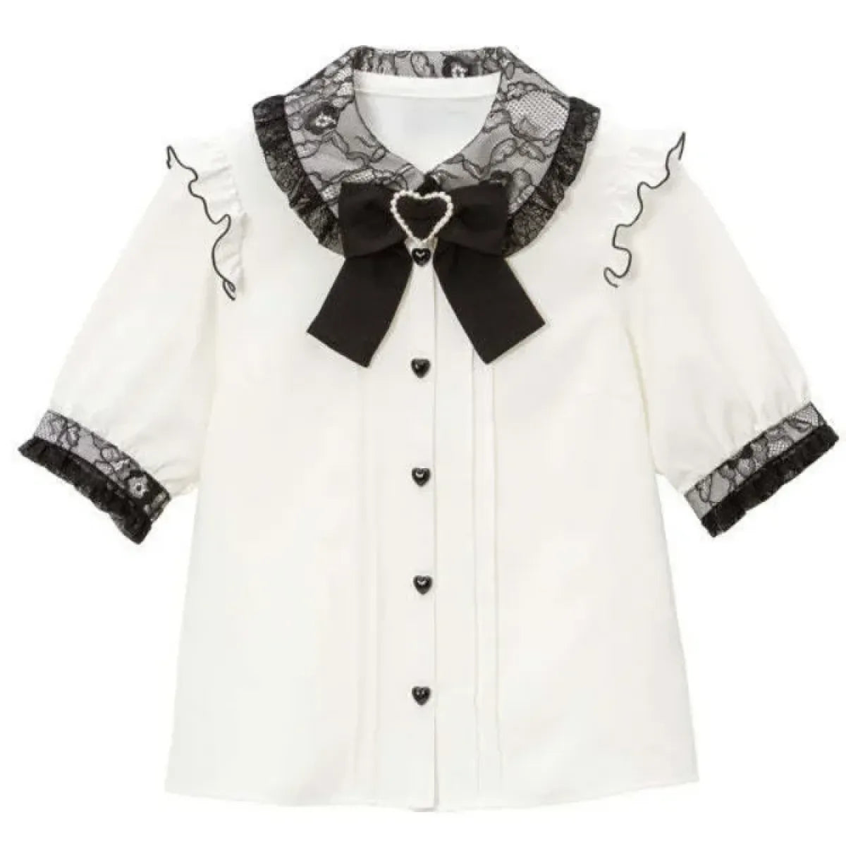 Kawaii Lolita Lace Blouse – Y2K Grunge Bow Shirt with Heart Buttons