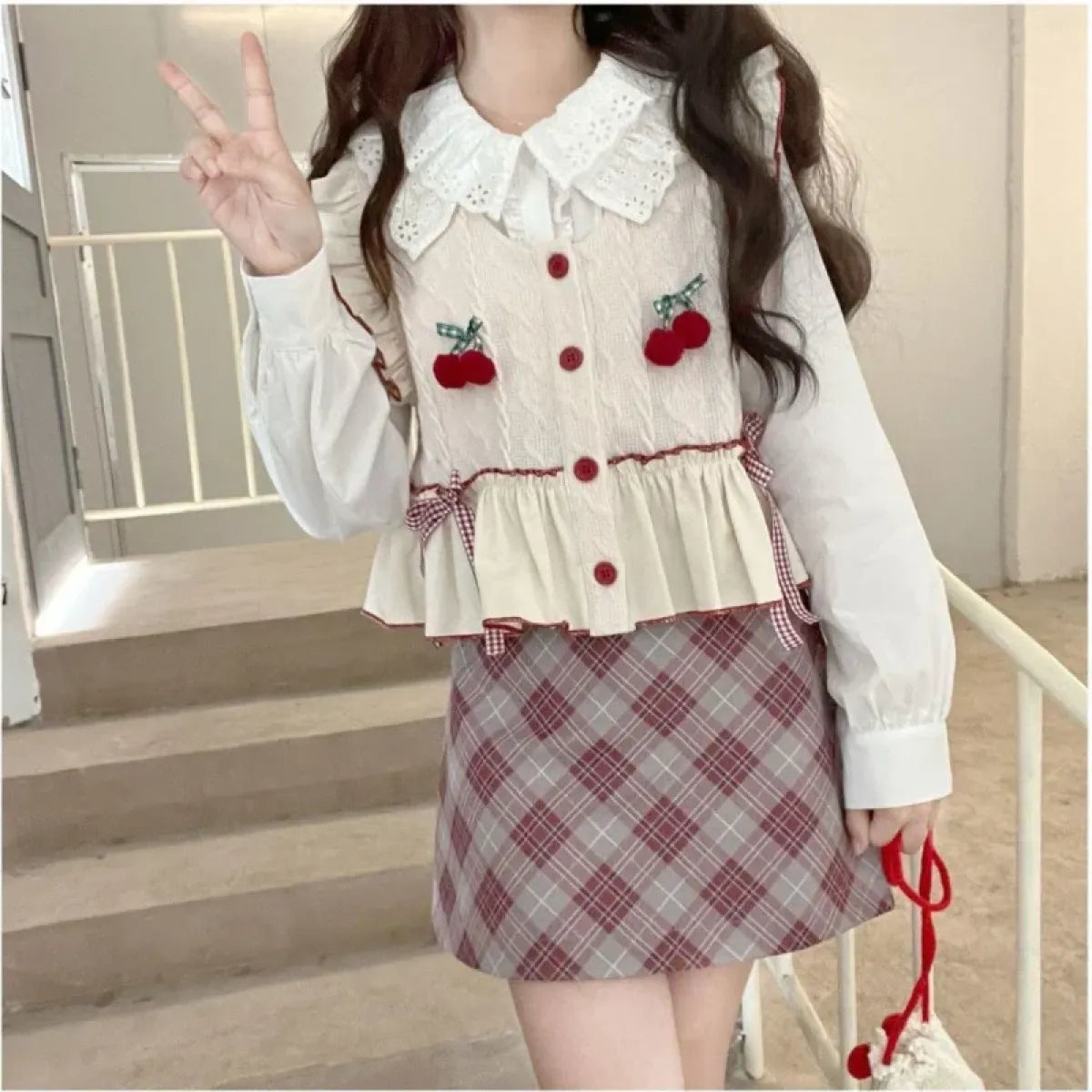 Kawaii Patchwork Cherry Bow Knit Sweater Vest