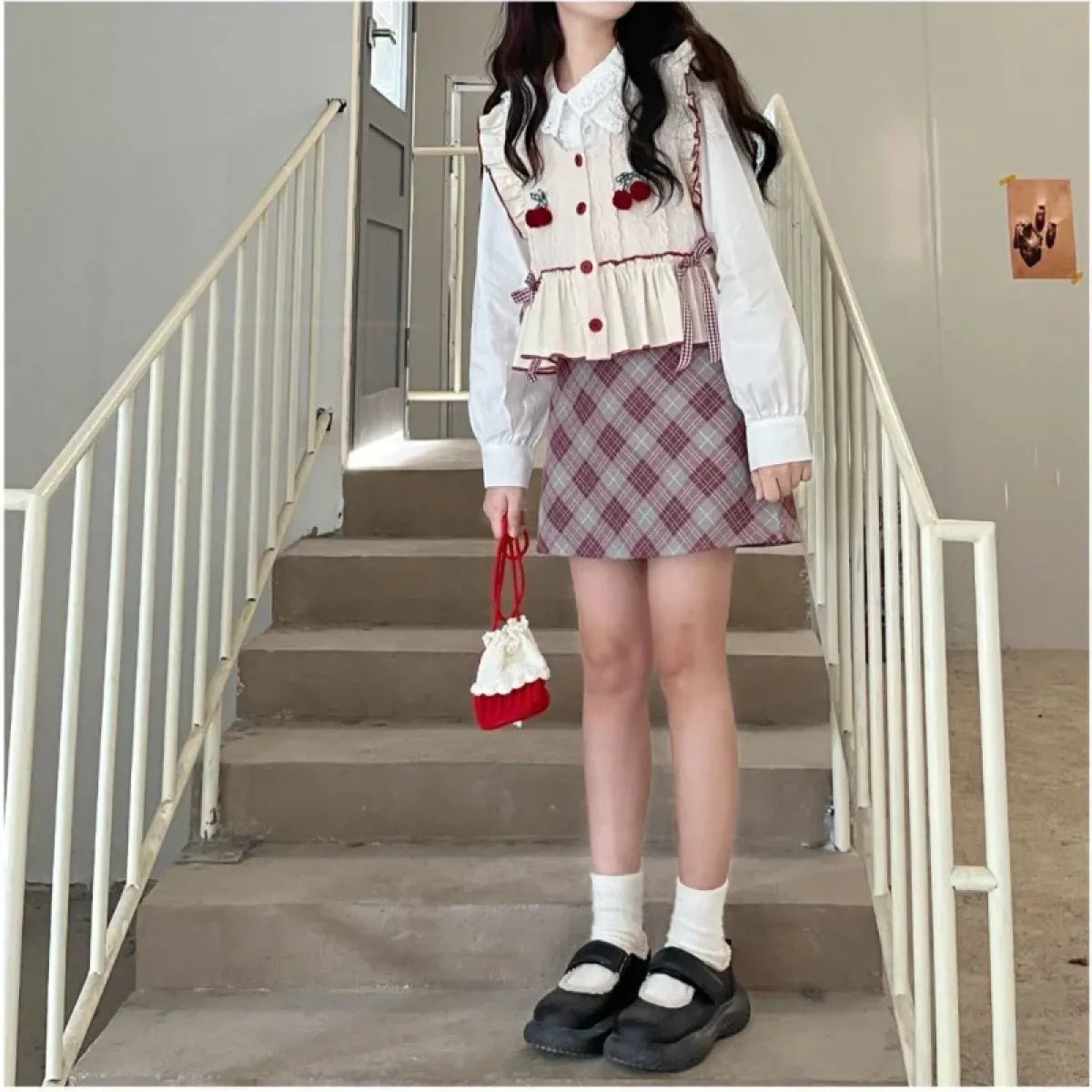 Kawaii Patchwork Cherry Bow Knit Sweater Vest