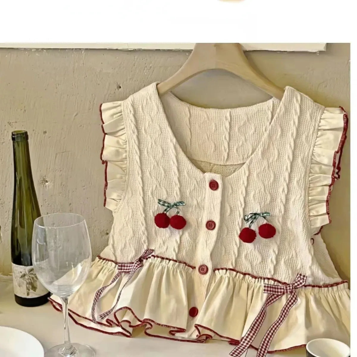 Kawaii Patchwork Cherry Bow Knit Sweater Vest