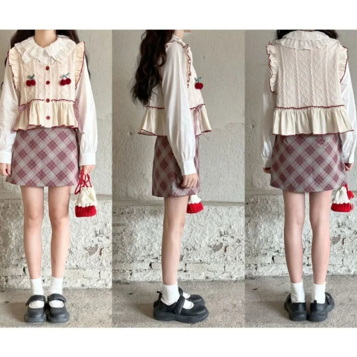 Kawaii Patchwork Cherry Bow Knit Sweater Vest