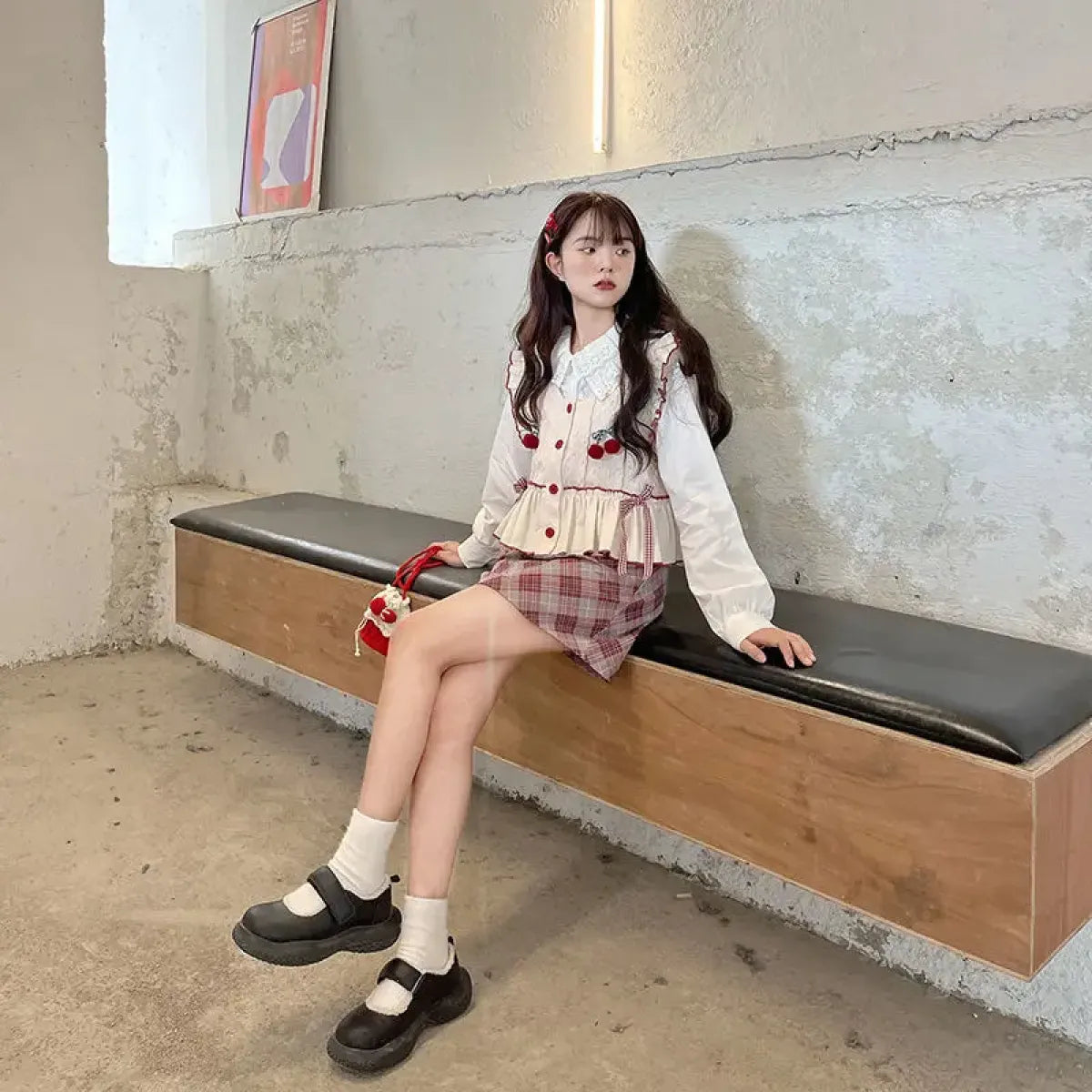 Kawaii Patchwork Cherry Bow Knit Sweater Vest