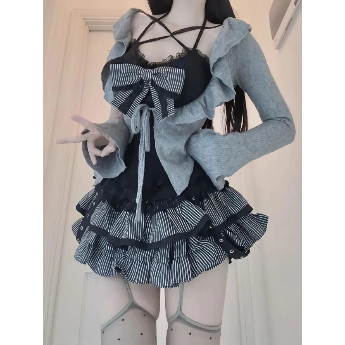 Ruffle Cardigan & Striped Skirt Set – Kawaii Y2K Lolita Chic