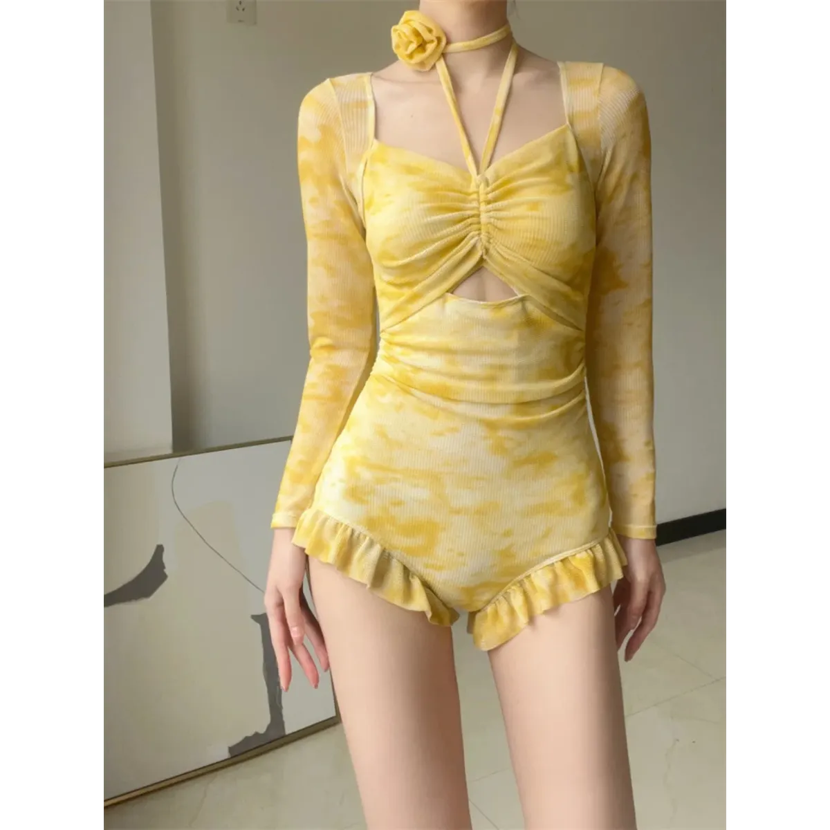 3D Floral Ruffle One-Piece – Korean Long Sleeve Beach Bodysuit