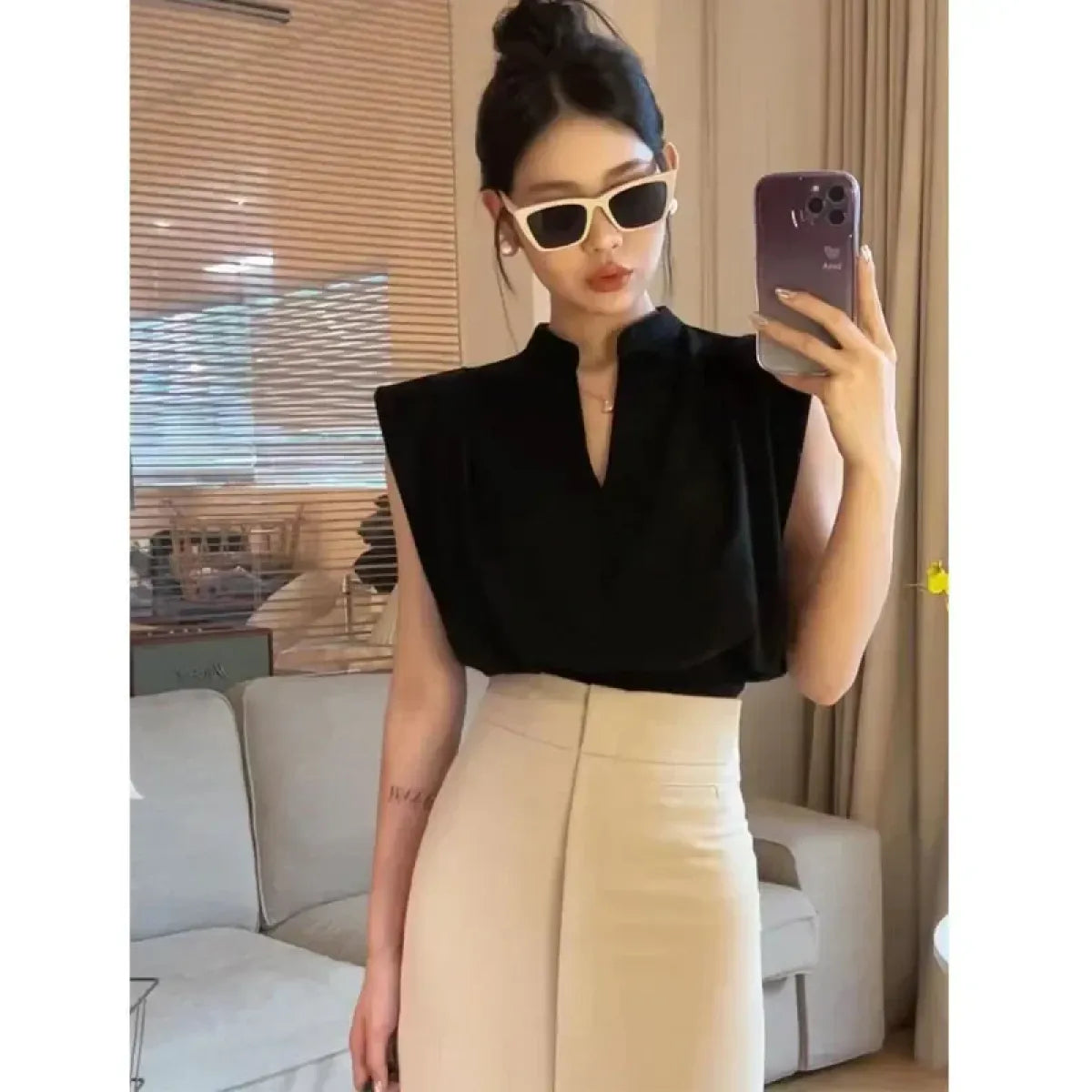 V-Neck Sleeveless Blouse – Korean Style Elegant Chic Office Wear