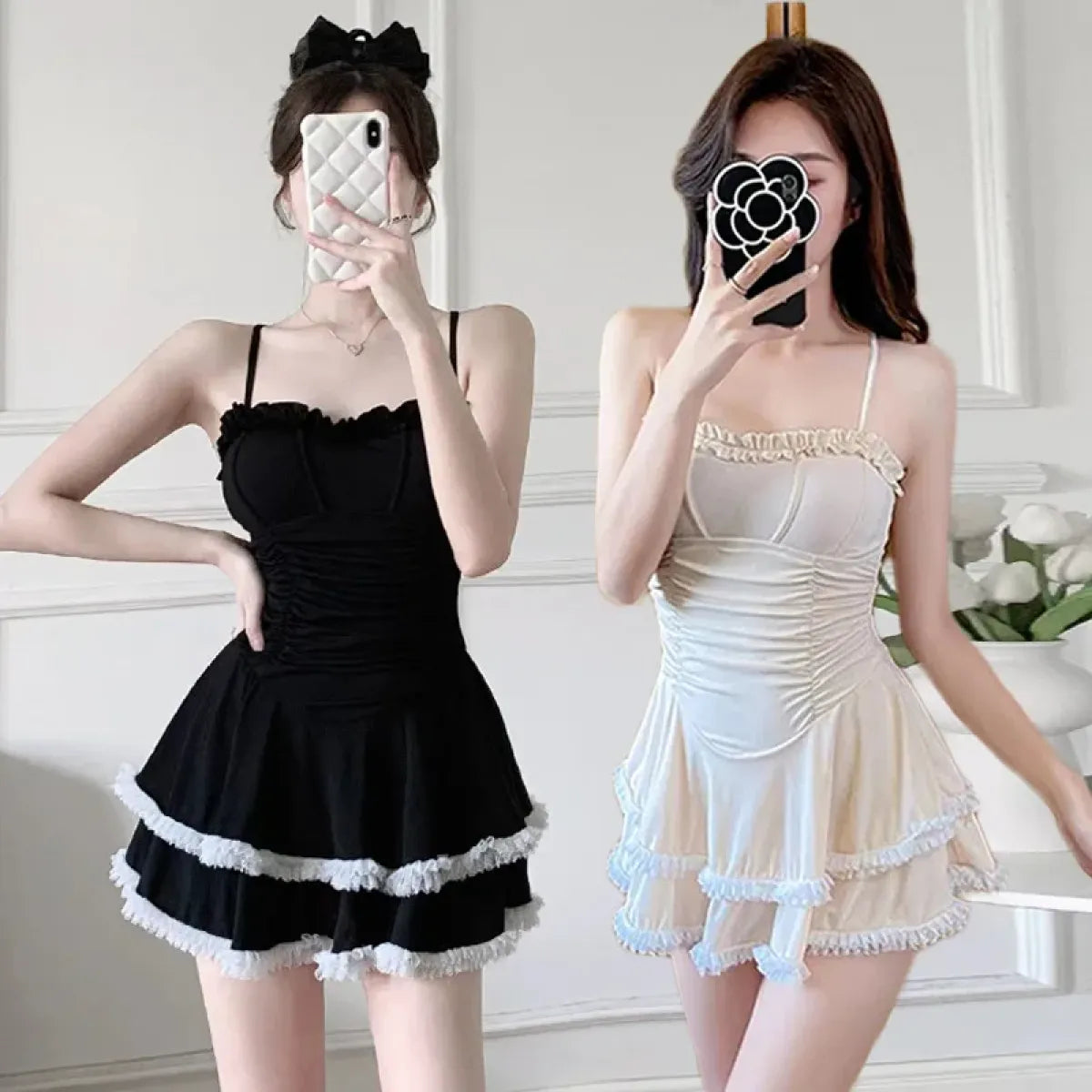 Ruffle One-Piece Swimsuit – Korean Sweet Mini Dress Swimwear