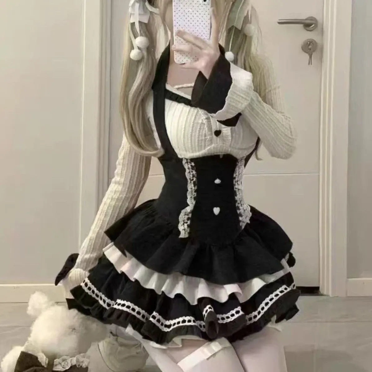 Lolita Two-Piece Set – High-Waist Lace Mini Dress