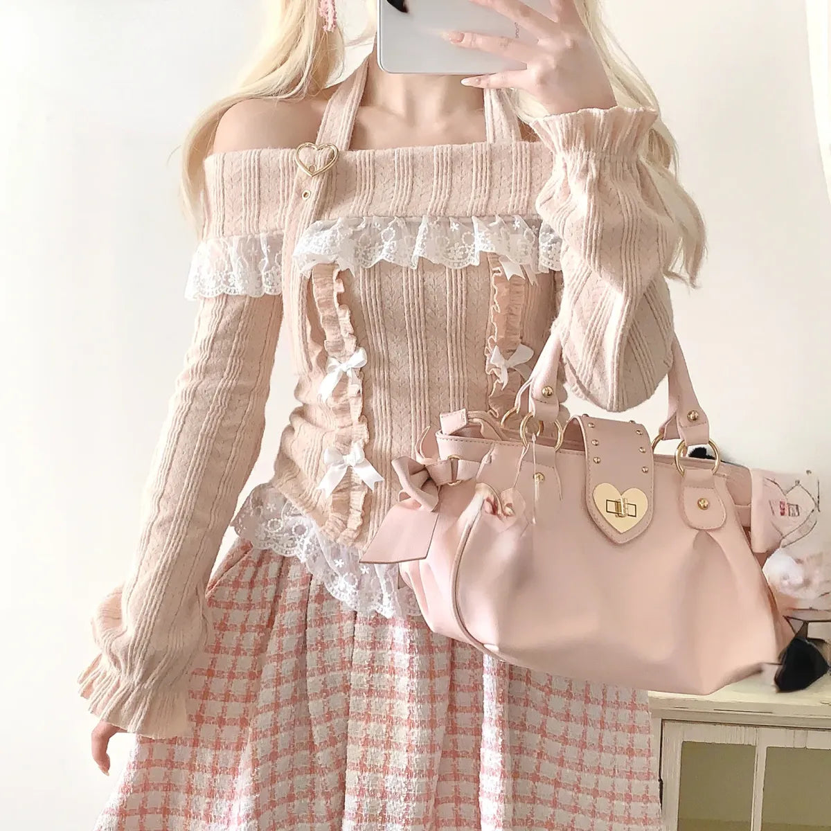 Kawaii Lace Patchwork Knit Top – Halter Neck Lolita Sweater