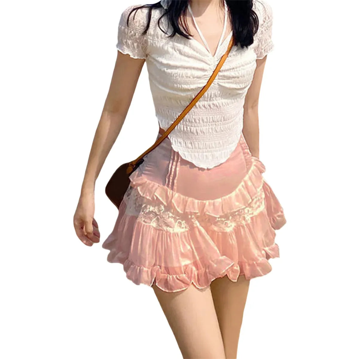 High-Waist Lace Ruffle Mini Skirt - Summer A-Line Patchwork
