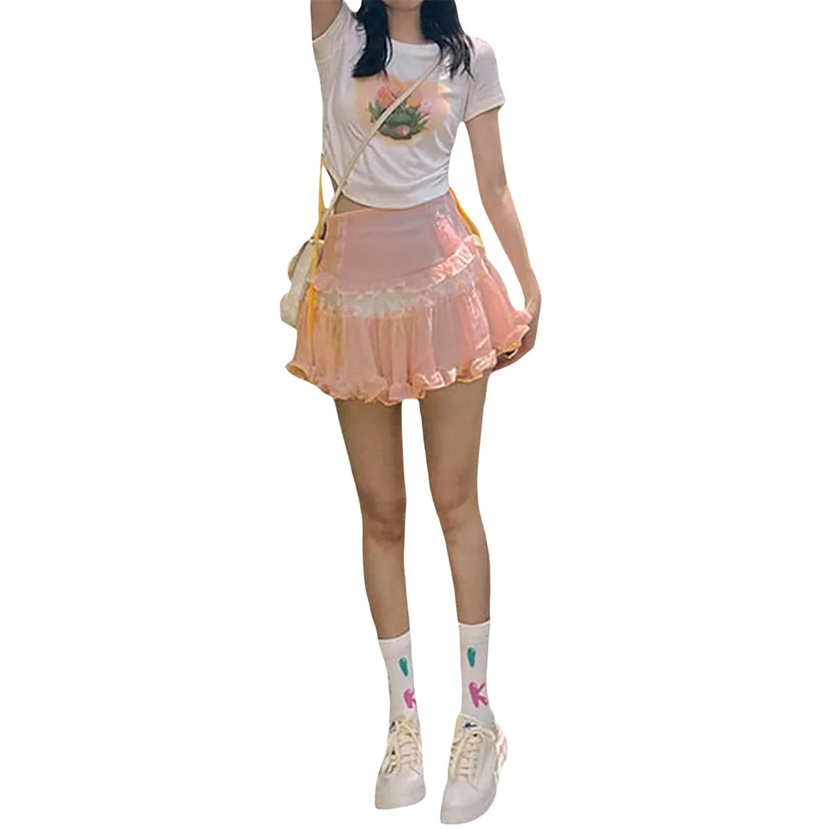 High-Waist Lace Ruffle Mini Skirt - Summer A-Line Patchwork