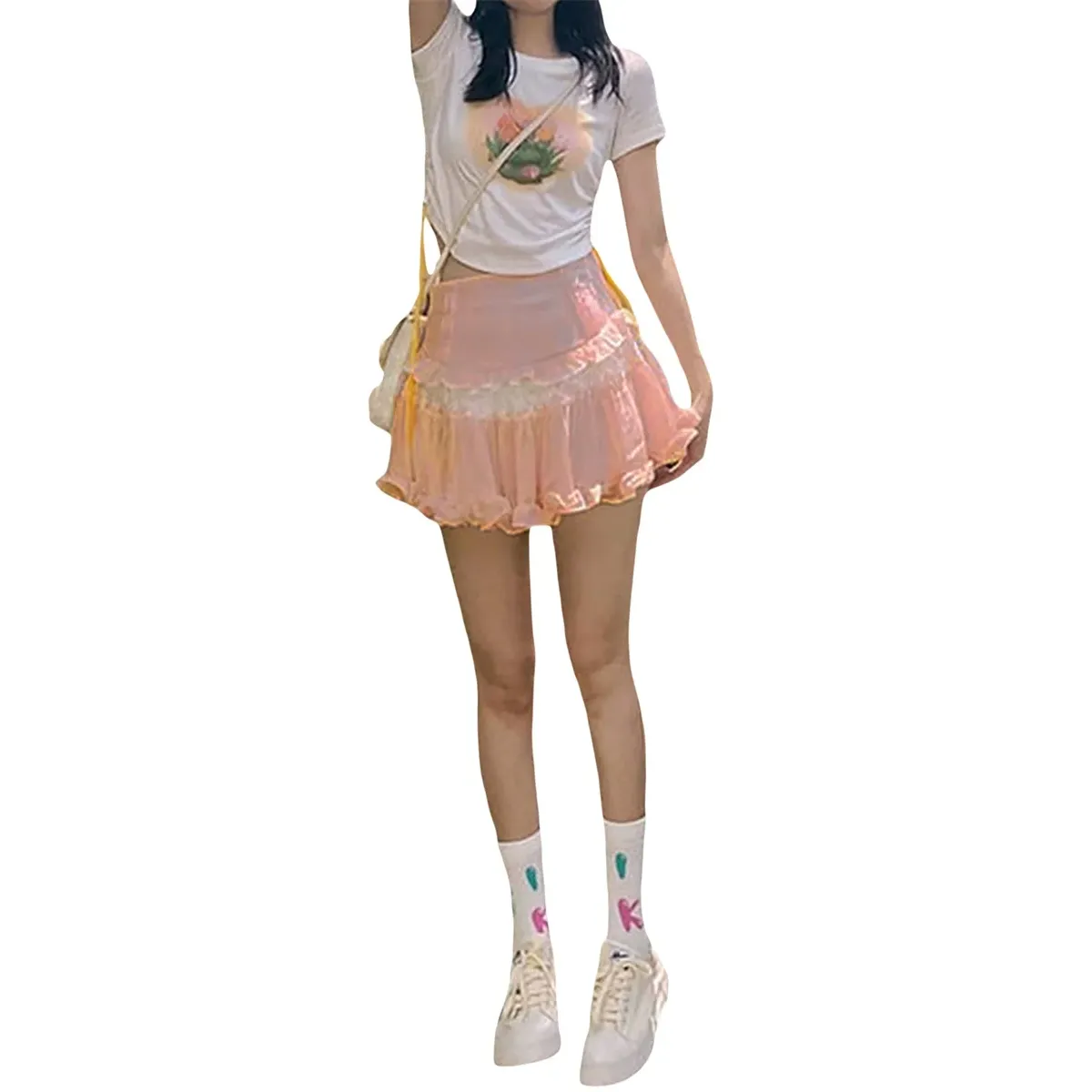 High-Waist Lace Ruffle Mini Skirt - Summer A-Line Patchwork