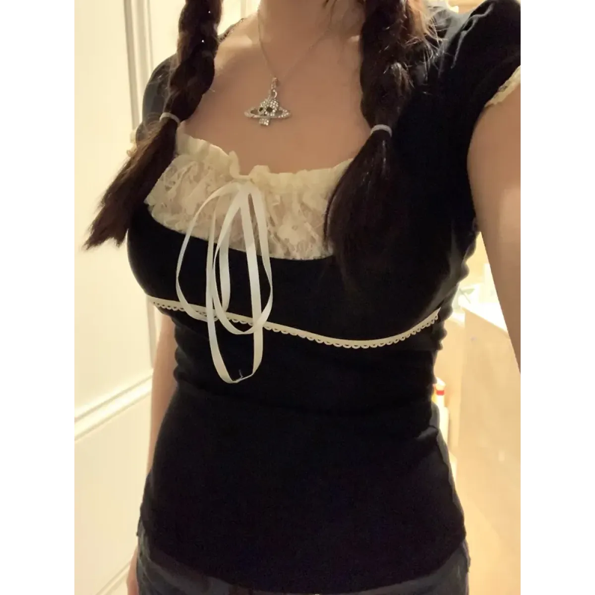 Lace Trim Crop Top: Sweet Square Neck Harajuku Tee