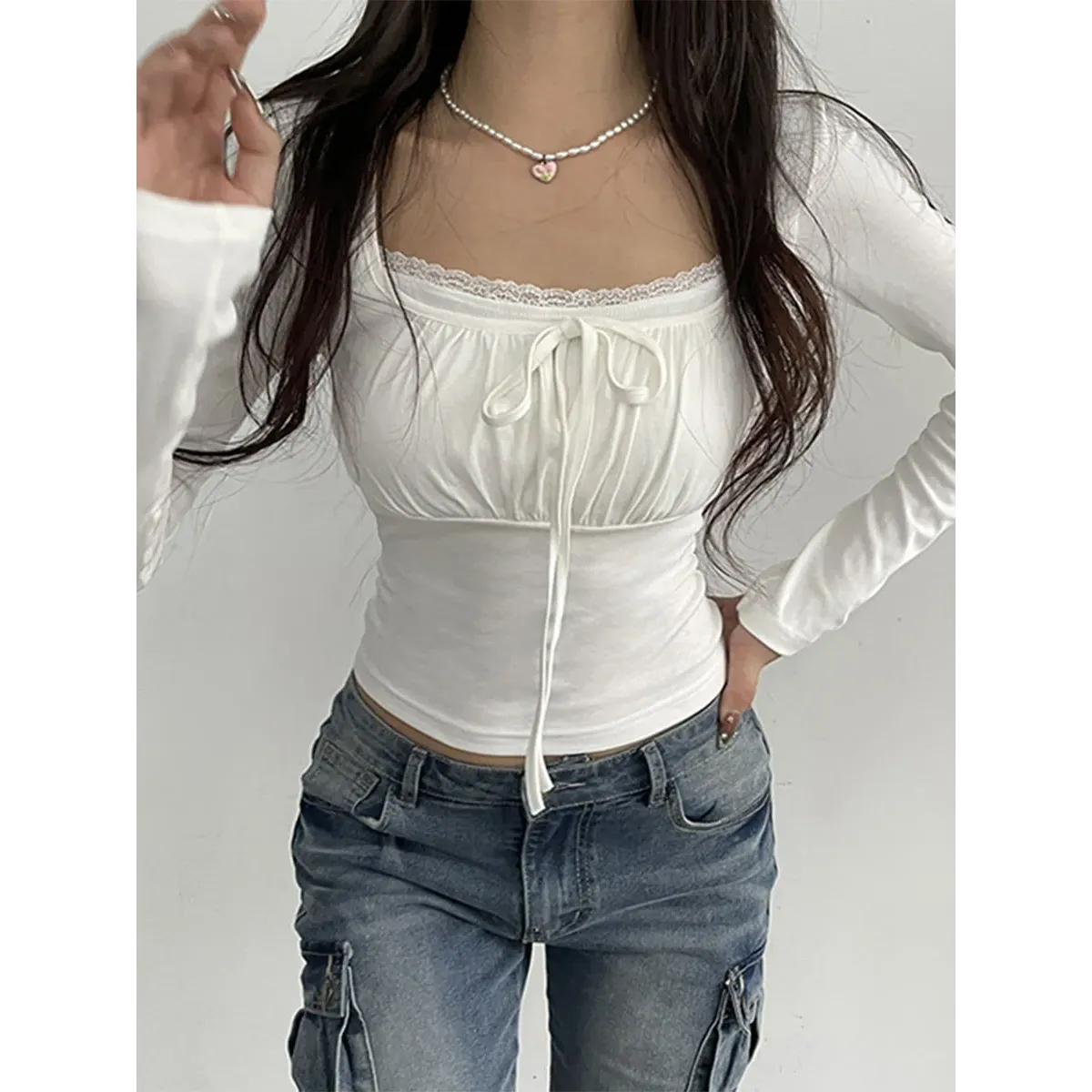 Lace Trim Long Sleeve Top - Ruched Tie-Up T-Shirt