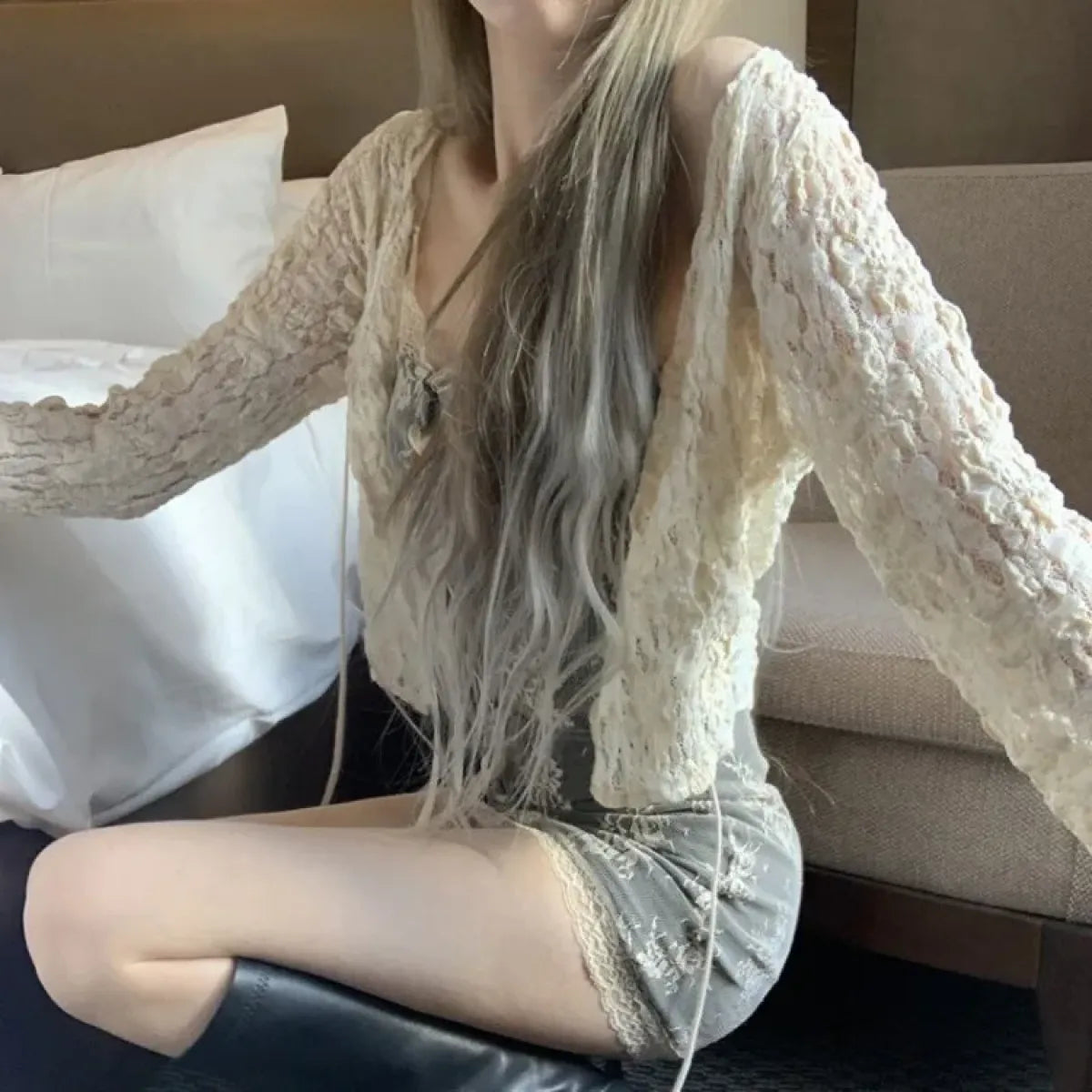 Lace-Up Bodycon Dress Set β Y2K Slim Fit with Sheer Cardigan