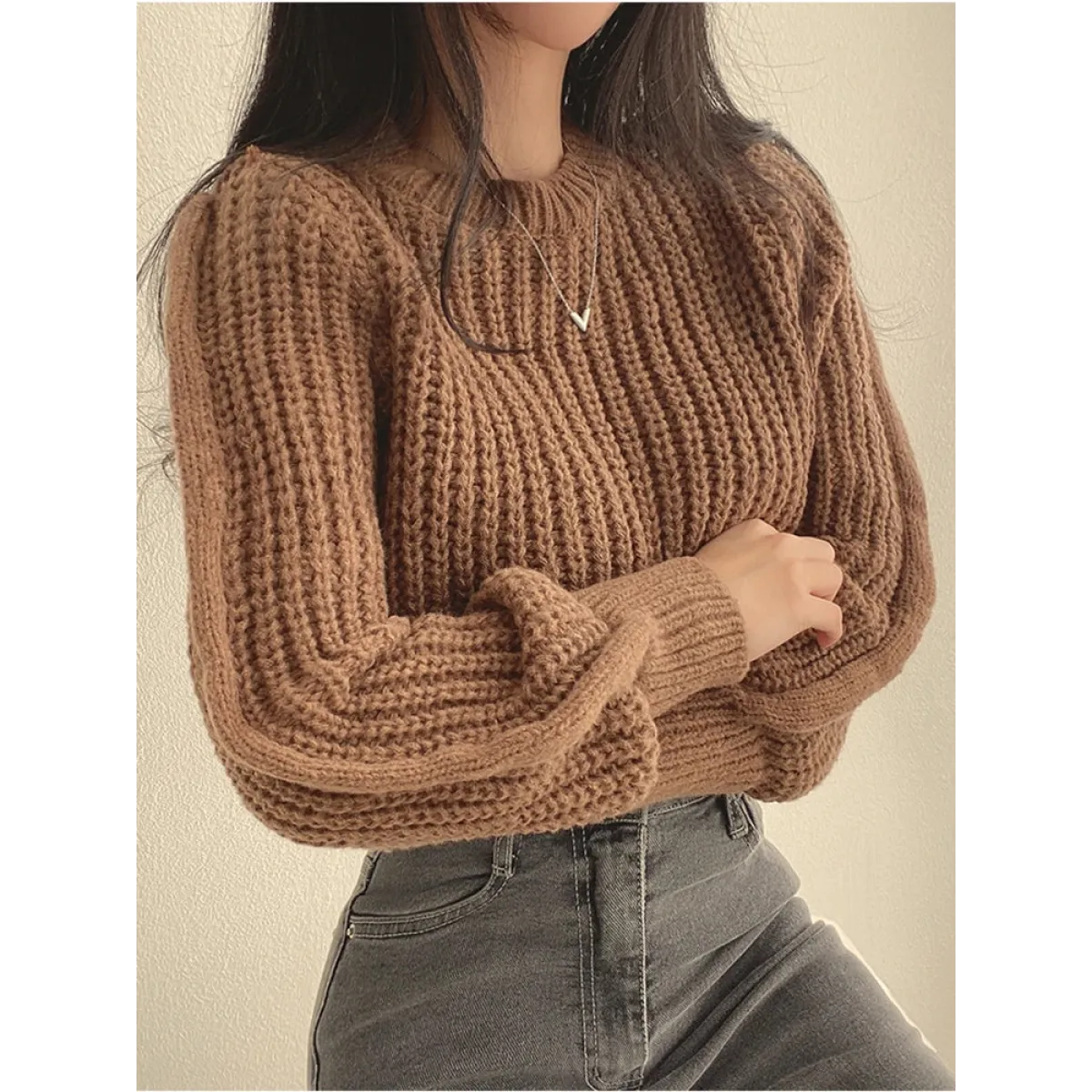 Lantern Long Sleeve Sweater - Vintage Korean Chic Fashion