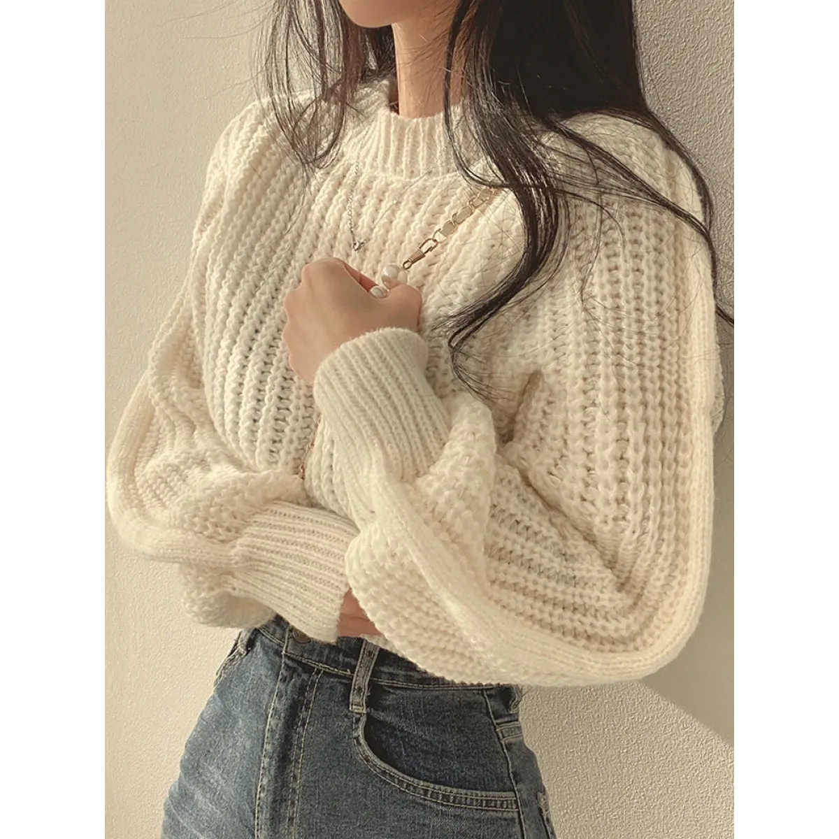 Lantern Long Sleeve Sweater - Vintage Korean Chic Fashion