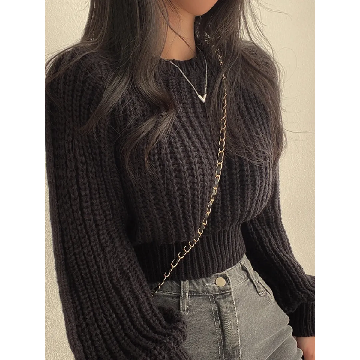 Lantern Long Sleeve Sweater - Vintage Korean Chic Fashion