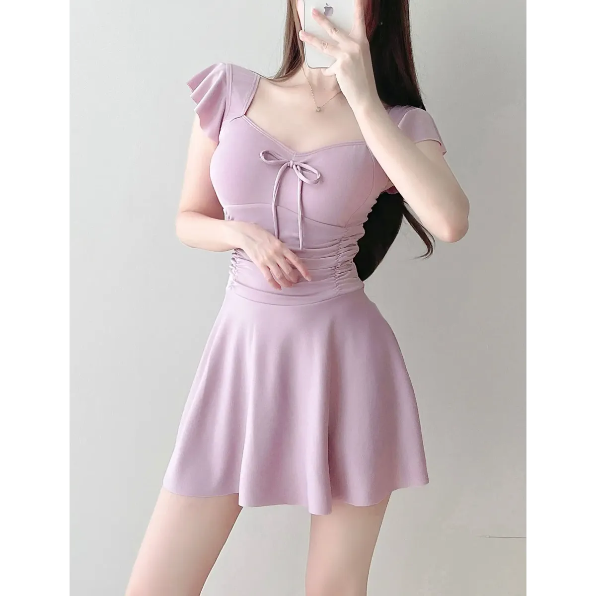 Mauve Ruffle Sleeve One Piece Swimsuit – Bow Detail Mini Dress Style