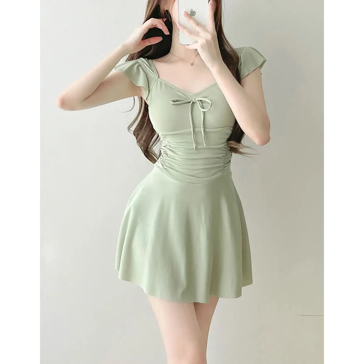 Mauve Ruffle Sleeve One Piece Swimsuit – Bow Detail Mini Dress Style