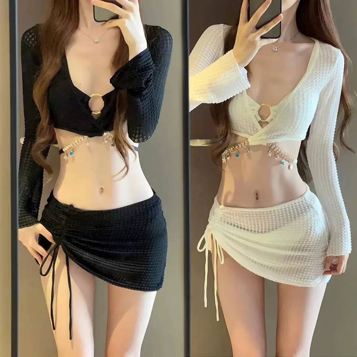 Mermaid 4PC Bikini Set – Drawstring Skirt & Diamond Chain Trim