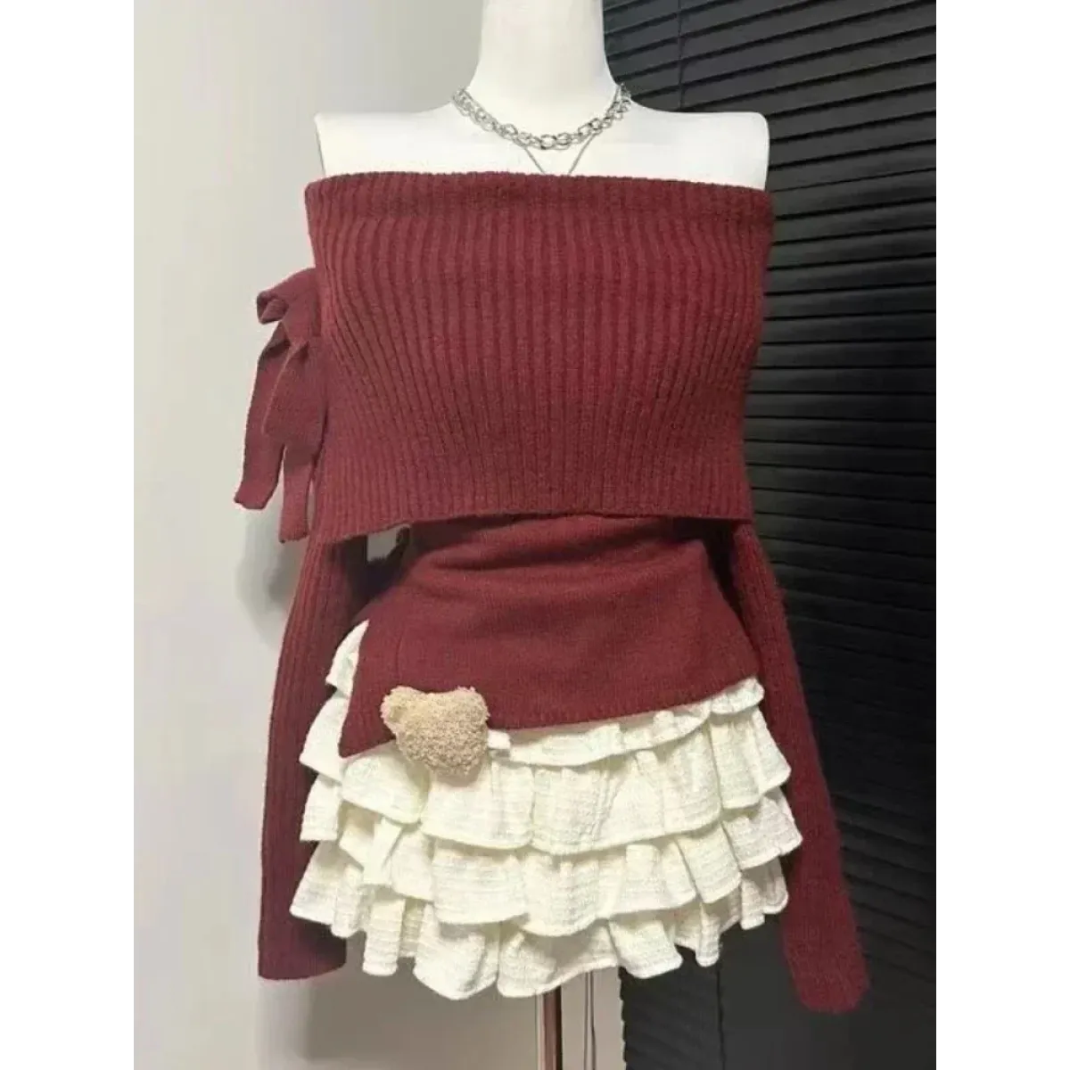 Kawaii Off-Shoulder Knit Lace Set