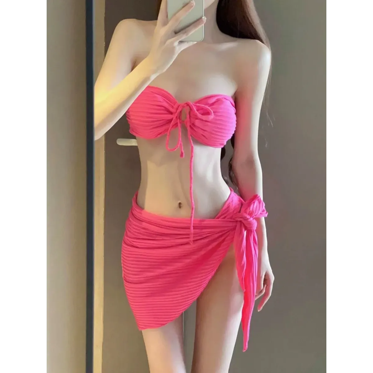 Mint Ribbed Halter Bikini Set – Ring Tie 3-Piece Swimsuit with Skirt